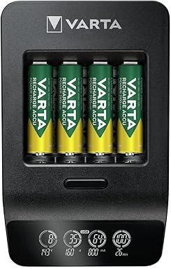 VARTA Cargador de Pilas, incl. 4x AA 2100mAh, cargador para pilas AA/AAA recargables, LCD Smart Charger+, carga por ranura única, 2 modos: carga, refresca
